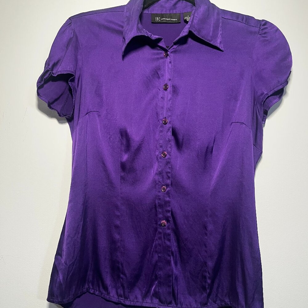 INC International Concepts Purple Silk Button-Up Blouse, Size 2